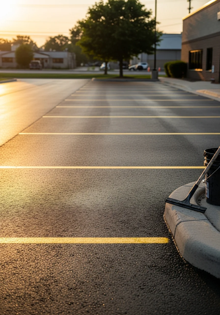 Professional sealcoating application on commercial parking lot in Altoona, Wisconsin