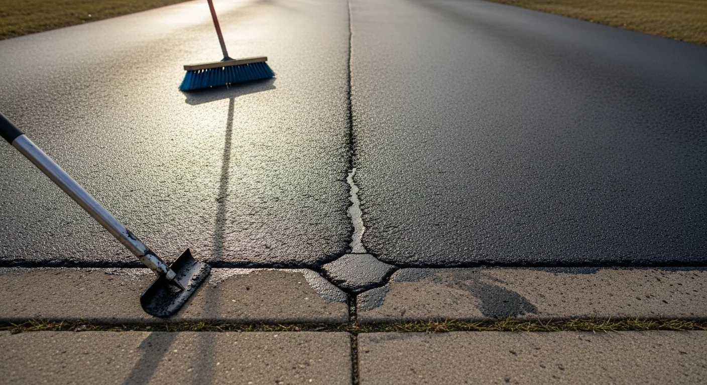 A freshly sealcoated residential driveway in Chippewa Falls, Wisconsin, with clean edges and filled cracks visible against the dark surface. The surrounding yard shows a typical single-family home setting in a western Wisconsin neighborhood.