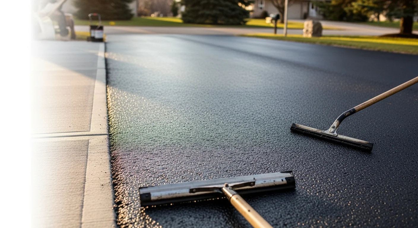 A freshly sealcoated residential asphalt driveway in Chippewa Falls, Wisconsin, showing a uniform dark black surface with clean edges. The driveway leads to an attached garage on a single-family home typical of the area.