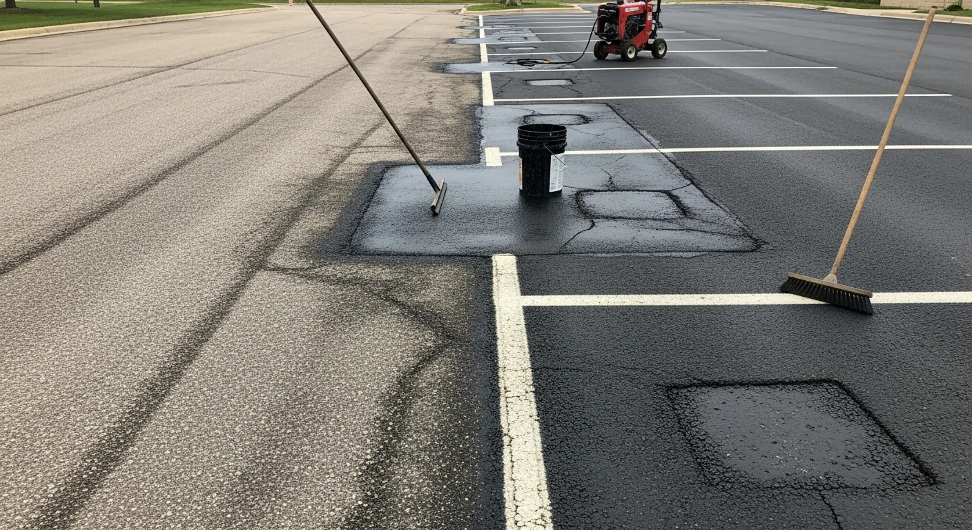 A repaired commercial asphalt parking lot in Chippewa Falls, Wisconsin, showing freshly patched pothole areas and sealed cracks on a flat business lot surface. The lot surface is dark and smooth against the surrounding older pavement, indicating recent repair work.