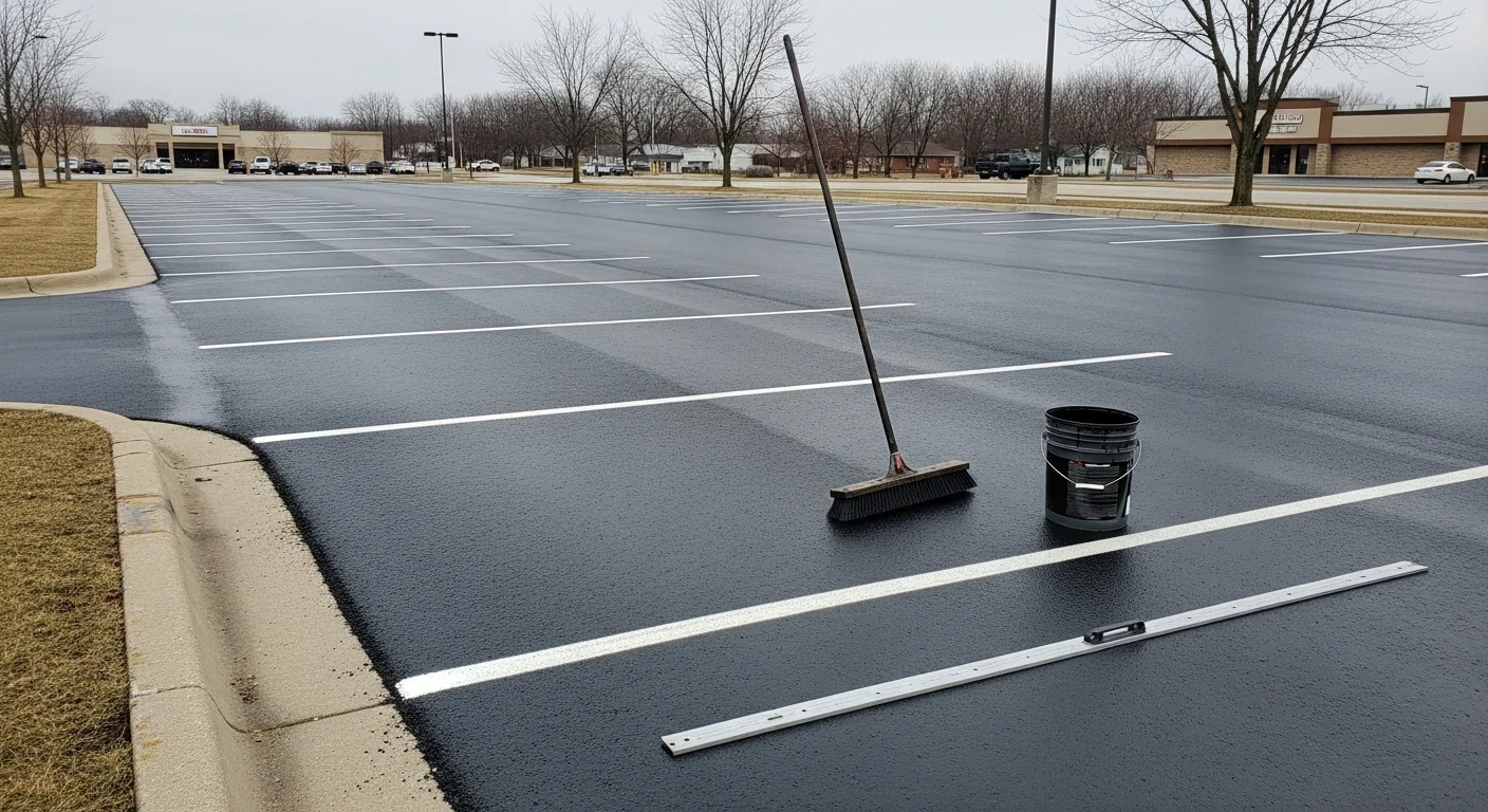 A freshly sealcoated commercial parking lot in Chippewa Falls, Wisconsin, showing a uniform dark asphalt surface with clean lot lines. The lot serves a multi-bay commercial property and reflects the kind of preventative maintenance needed ahead of a Wisconsin winter.