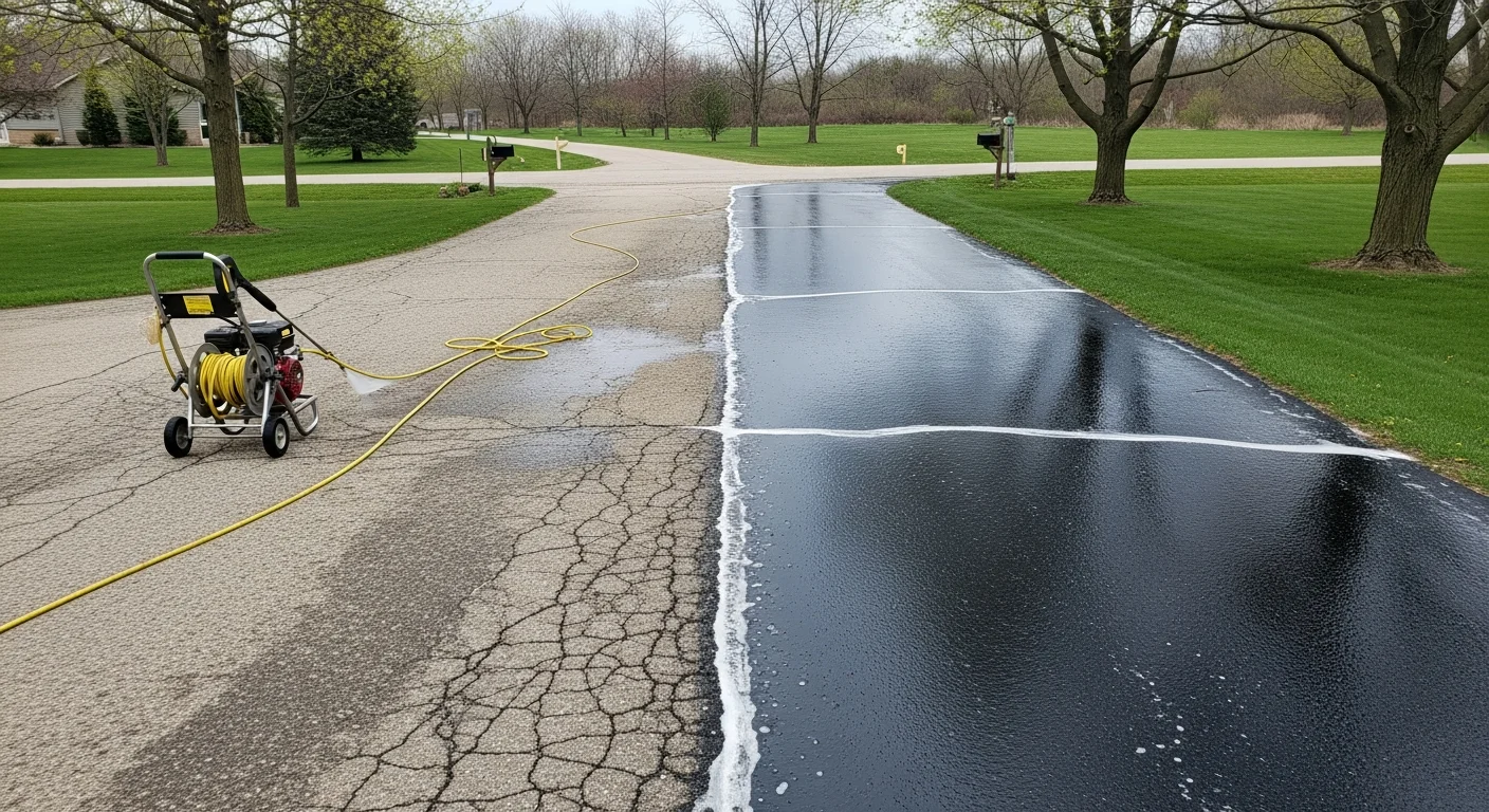 A freshly cleaned residential asphalt driveway in Chippewa Falls, Wisconsin, showing dark, even pavement free of oil stains, algae, and road grime. The cleaned surface sits in front of a single-family home with a visible property edge and lawn border.