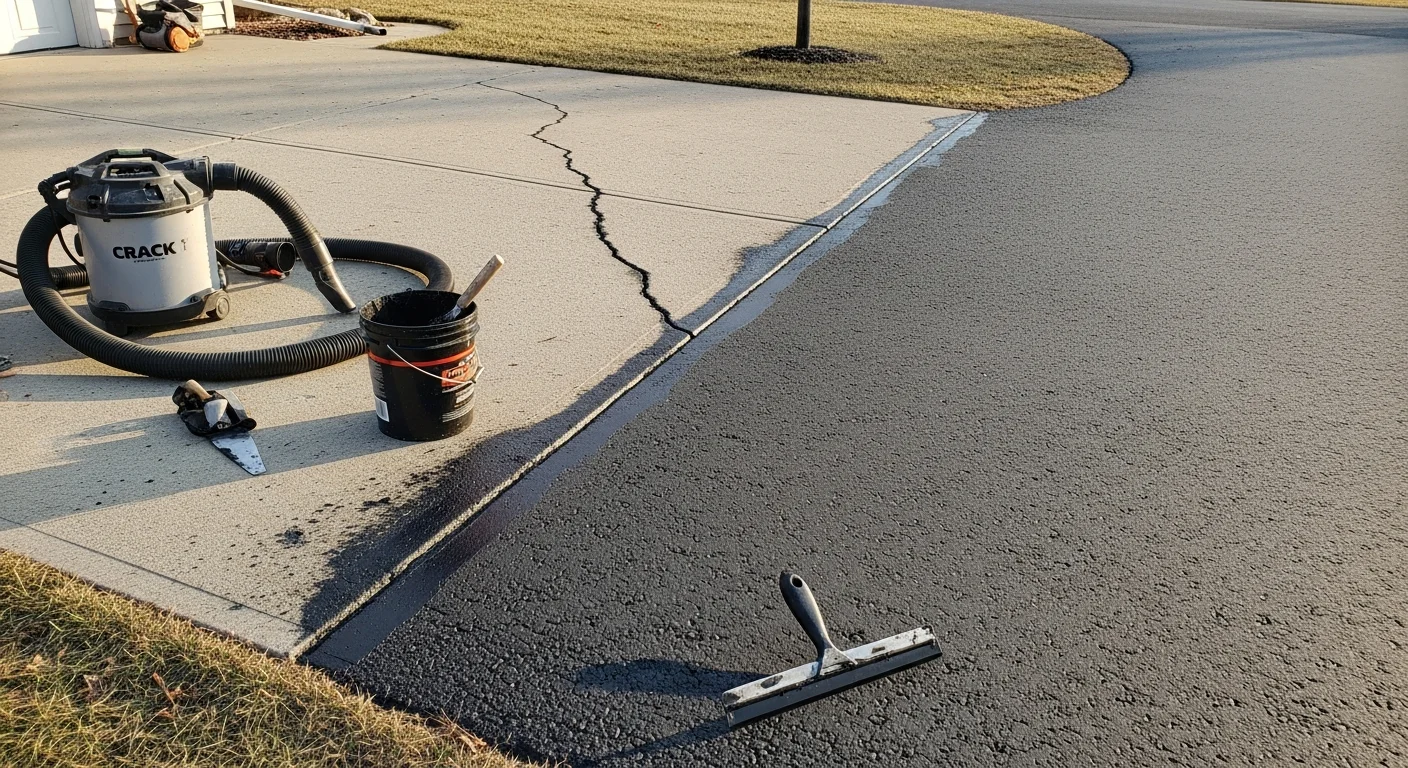 Freshly repaired asphalt driveway cracks on a residential property in Chippewa Falls, Wisconsin, with filler leveled flush to the surrounding pavement surface. Close-up view shows clean, sealed crack lines ready for sealcoating.