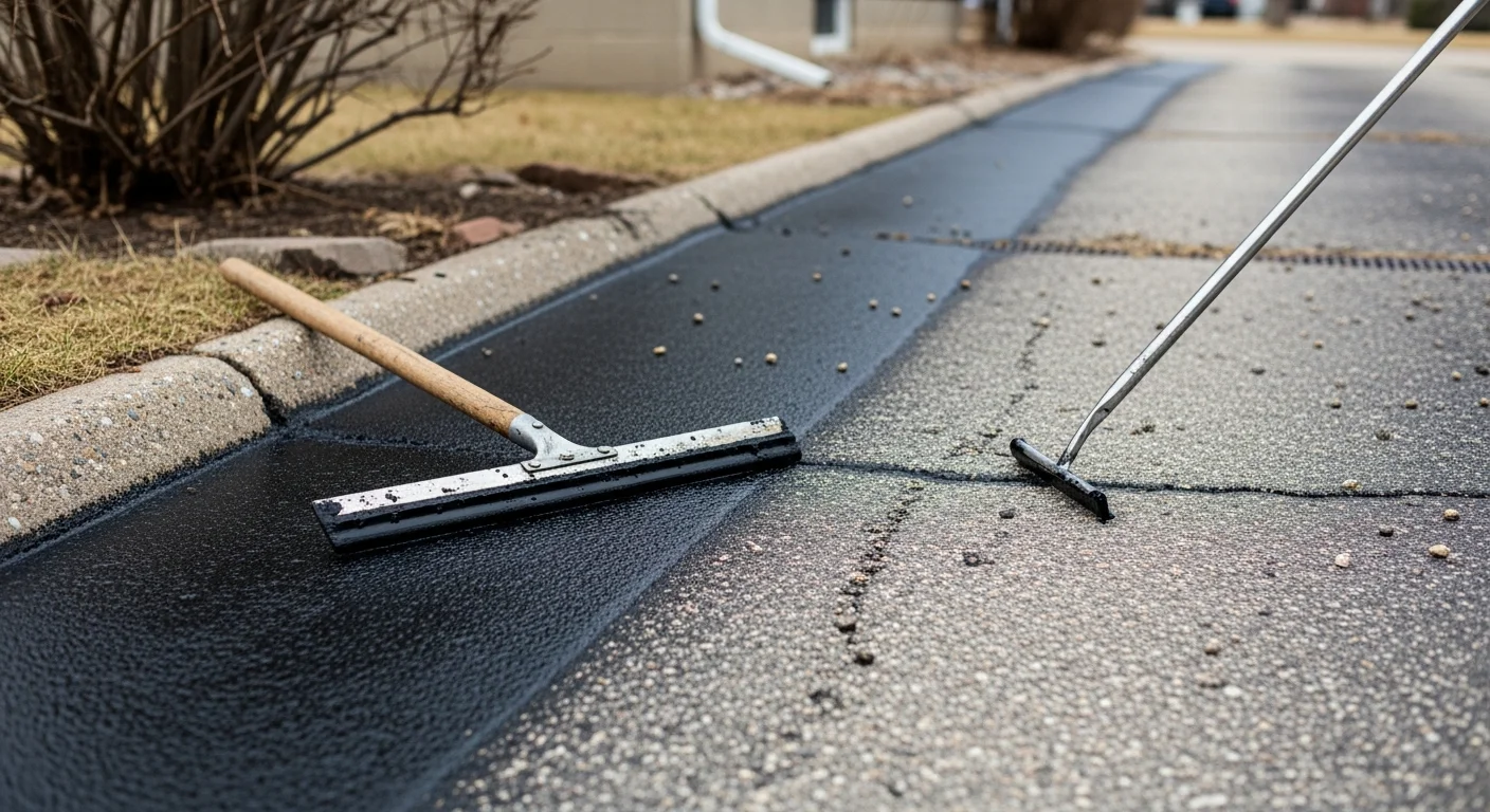 A freshly sealcoated residential driveway in Chippewa Falls, Wisconsin, with a dark, uniform surface and clean edges alongside a single-family home. The surrounding landscape shows early spring conditions typical of the Chippewa Falls area.
