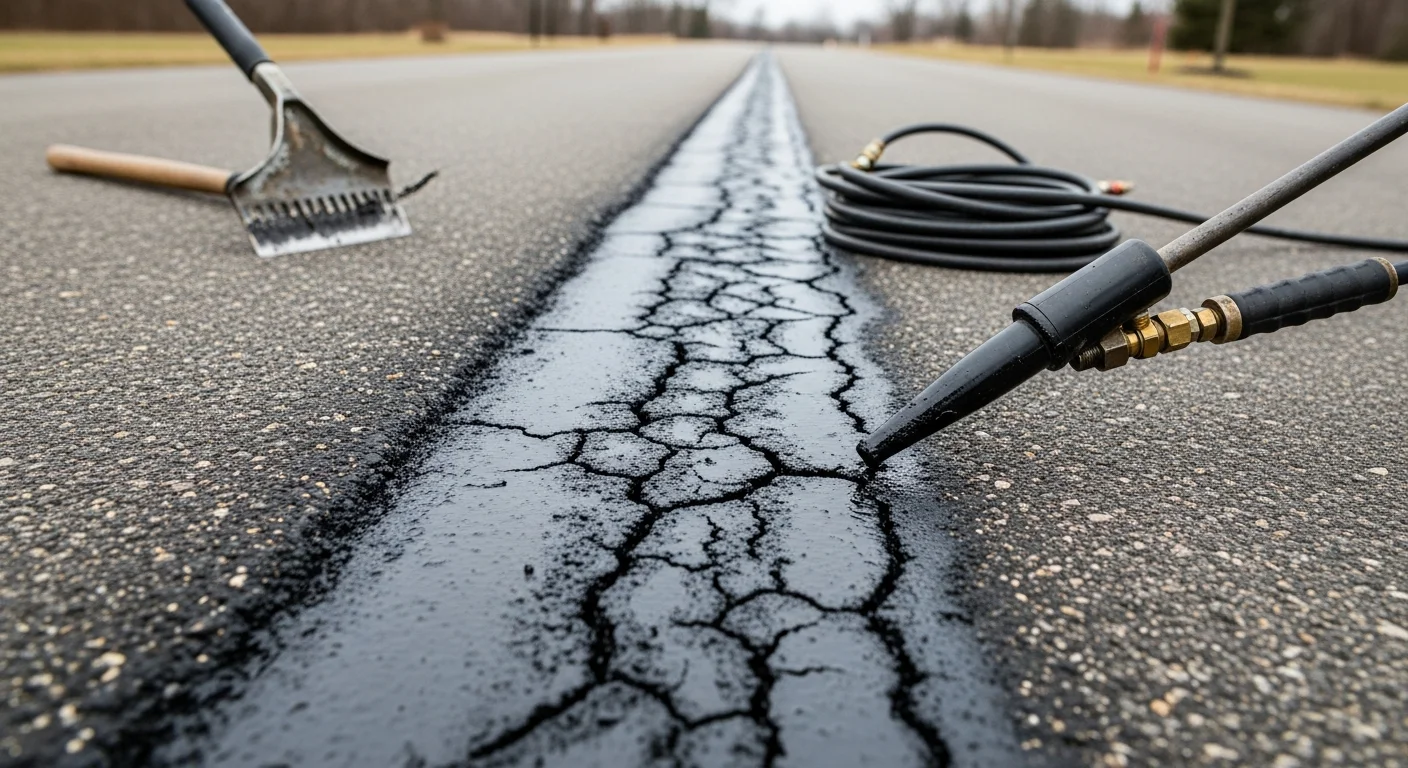 A freshly sealed asphalt driveway in Chippewa Falls showing dark, even hot rubber crack fill lines running along repaired surface cracks. The surrounding pavement is clean and dry with no visible open cracks remaining.