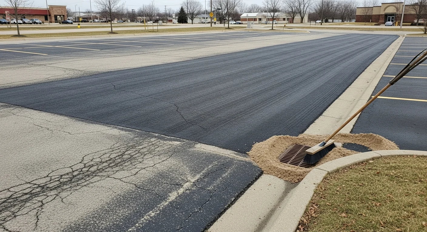 A freshly swept commercial parking lot in Chippewa Falls, Wisconsin, with clean asphalt surface and clear lot lines visible after debris and sand removal. No litter or grit remains along the curb edges or drainage areas.