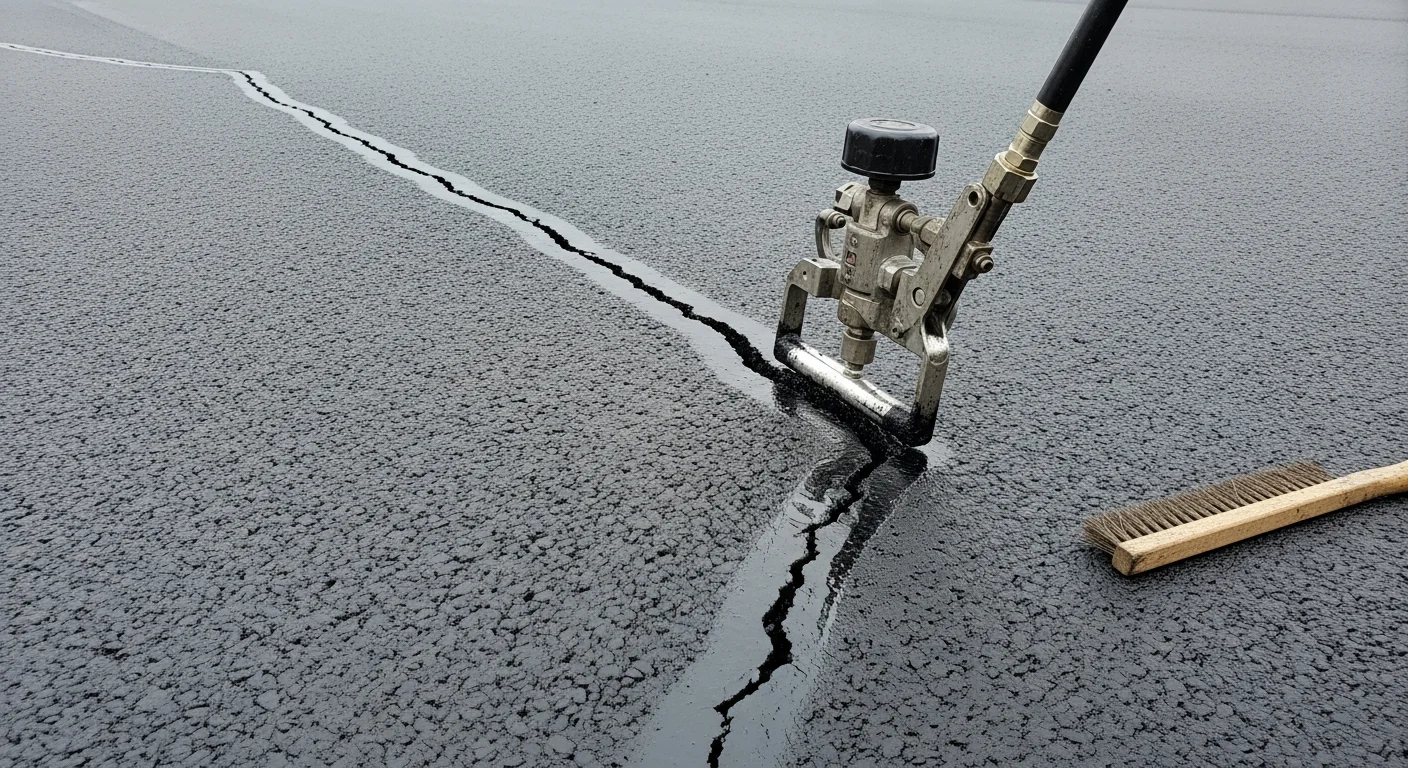 A repaired asphalt parking lot in Chippewa Falls, Wisconsin, showing sealed cracks with dark filler material applied cleanly along the surface. The lot is dry and ready for vehicle traffic after crack repair service by Say When Sealcoating.