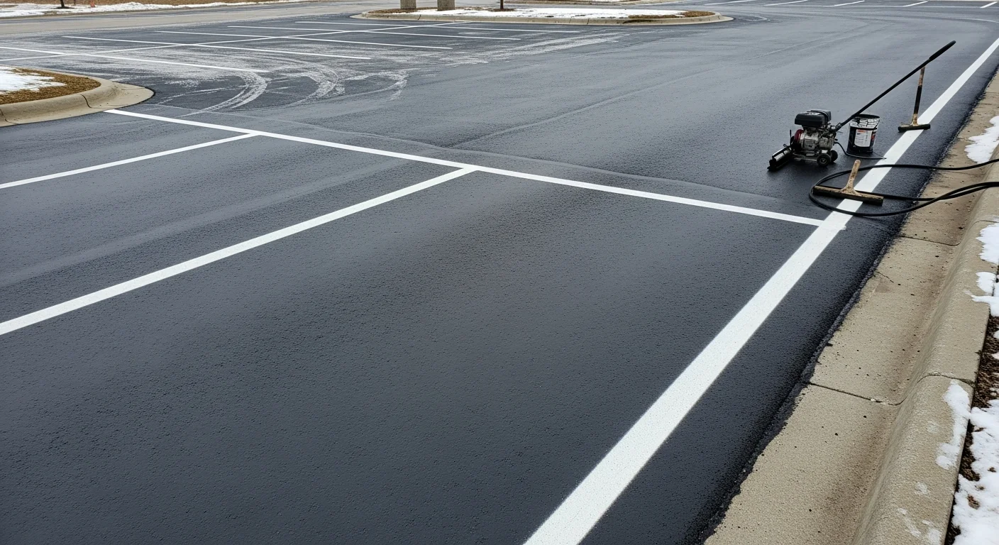 A freshly sealcoated and re-striped commercial parking lot in Chippewa Falls, WI, showing deep black asphalt surface with bright white parking space lines. Crack-filled pavement edges and clean lot markings are visible under clear Wisconsin daylight.
