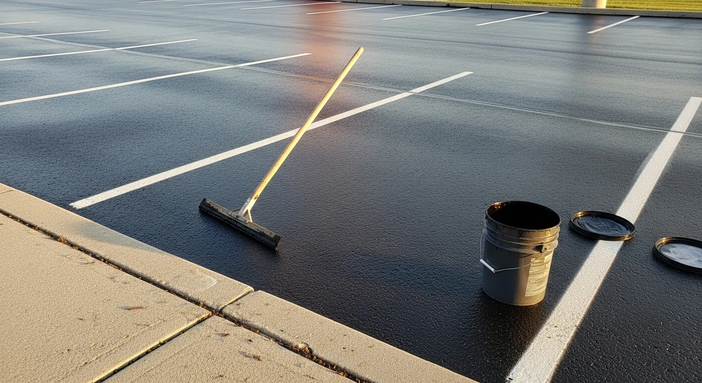 A freshly sealcoated commercial parking lot in Chippewa Falls, Wisconsin, showing a uniform dark black asphalt surface with crisp white painted stall lines. The lot is surrounded by a typical western Wisconsin commercial setting with clear lot markings visible from the street.