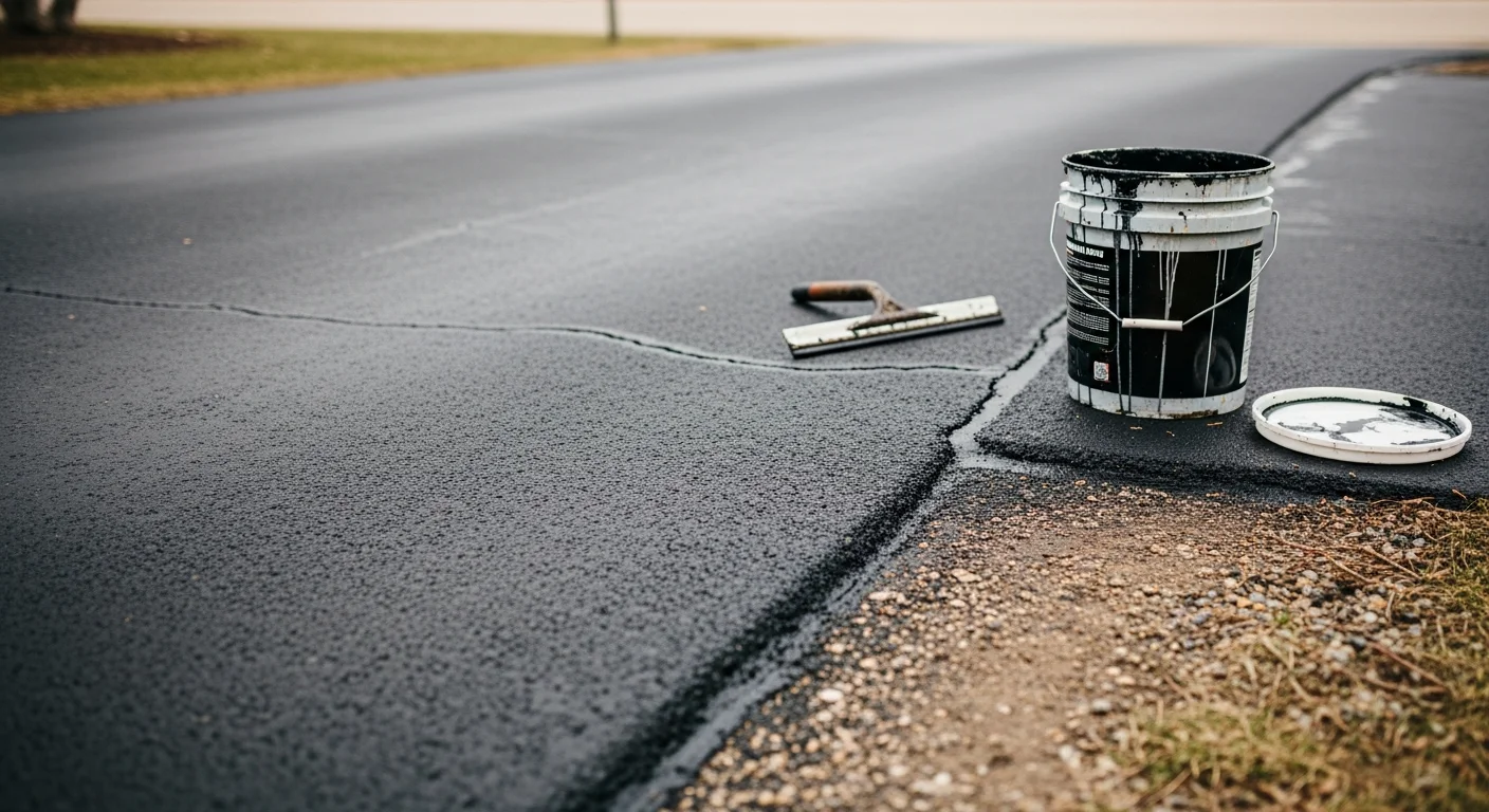 A repaired residential asphalt driveway in Chippewa Falls, Wisconsin, showing filled cracks and a smooth, dark surface leading to a single-family home. The surrounding yard shows typical western Wisconsin terrain with mature trees and a concrete curb edge.