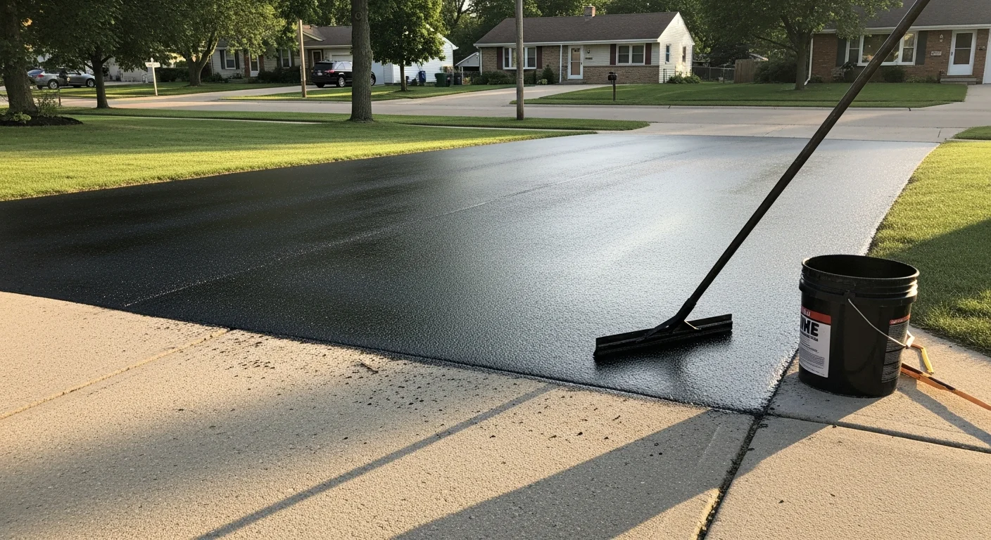 A freshly sealcoated residential asphalt driveway in Chippewa Falls, Wisconsin, showing a uniform dark surface with clean edges along the lawn. A single-family home is visible in the background under a partly cloudy Wisconsin sky.