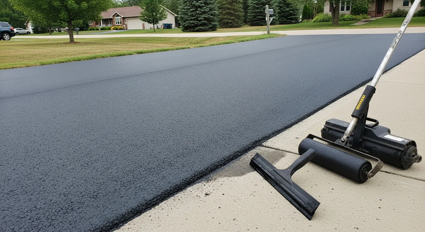 Freshly sealcoated asphalt driveway in Chippewa Falls, Wisconsin with a uniform dark finish and clean edges. A sole proprietor applying sealcoat by hand tool along the surface edge on a clear day.